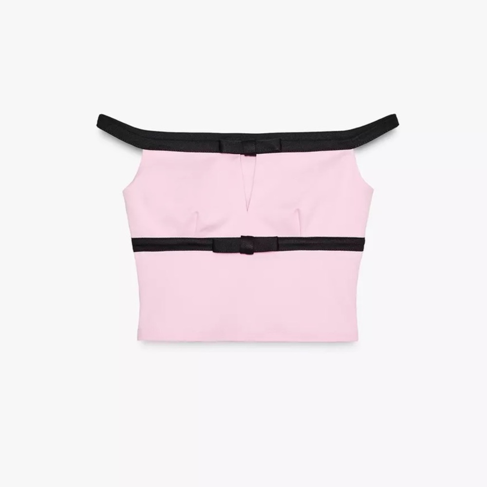 NWT Zara TIE FRONT CROP TOP Pink Black Bow Off The Shoulder Top Size Small - Picture 7 of 13